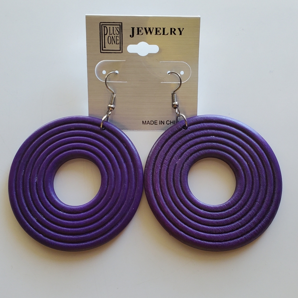 Vibrant Purple Spiral Hoop Wood Earrings with Mod Design